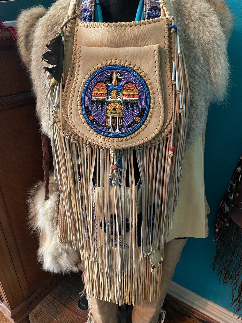 Handmade Beige Native-Inspired Fringe Leather Crossbody Bag